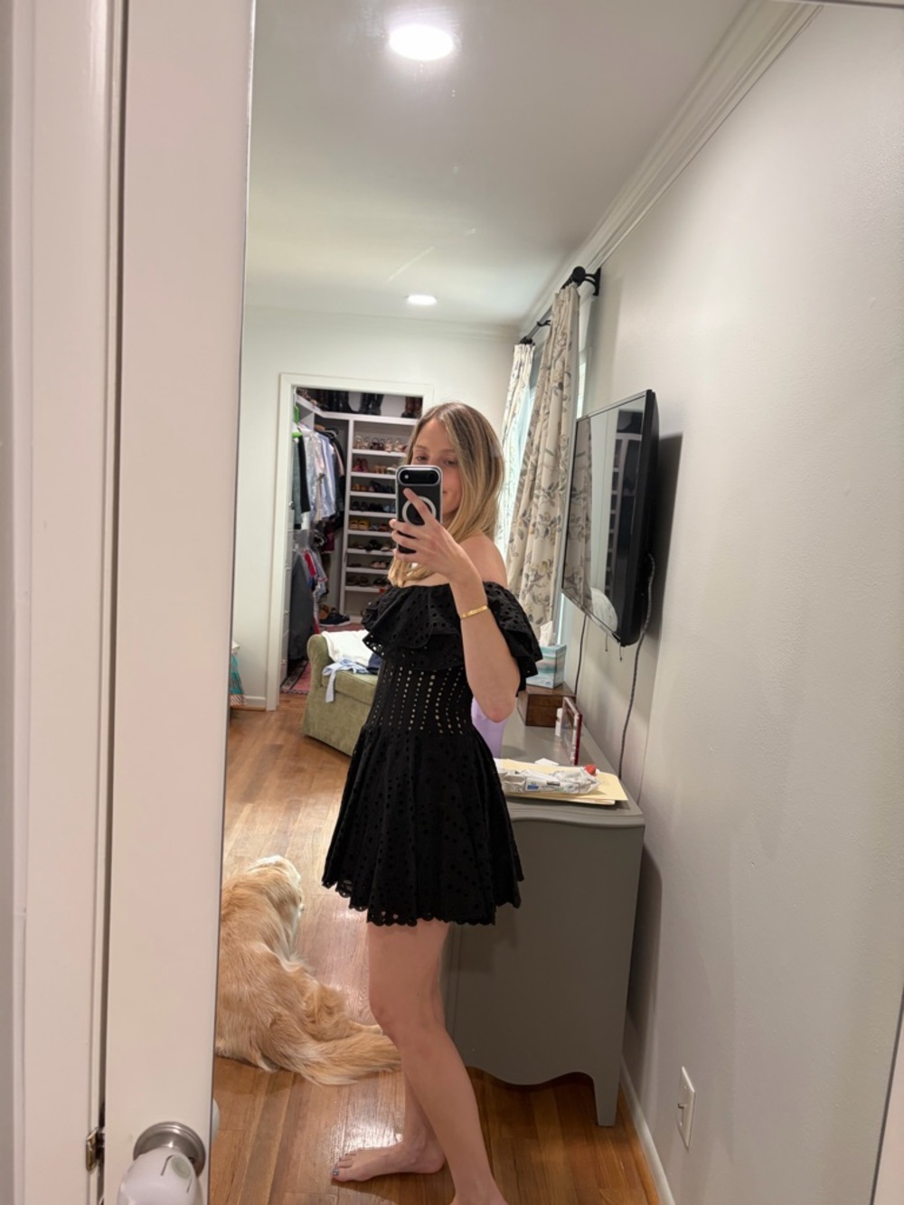 Charo Ruiz Black Off-Shoulder Eyelet Mini Dress